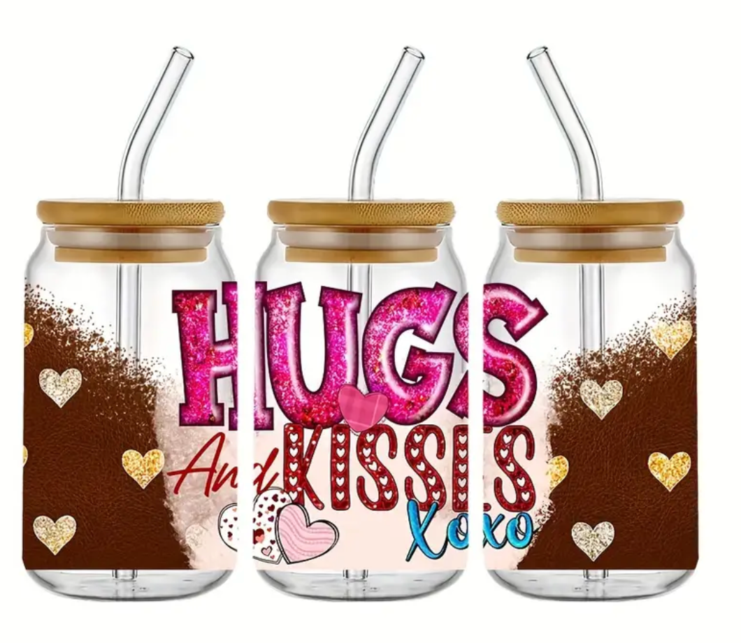 16 oz Glass Cup Hugs & Kisses