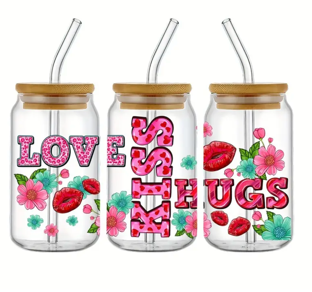 16 oz Glass Cup Love, Kiss, Hugs